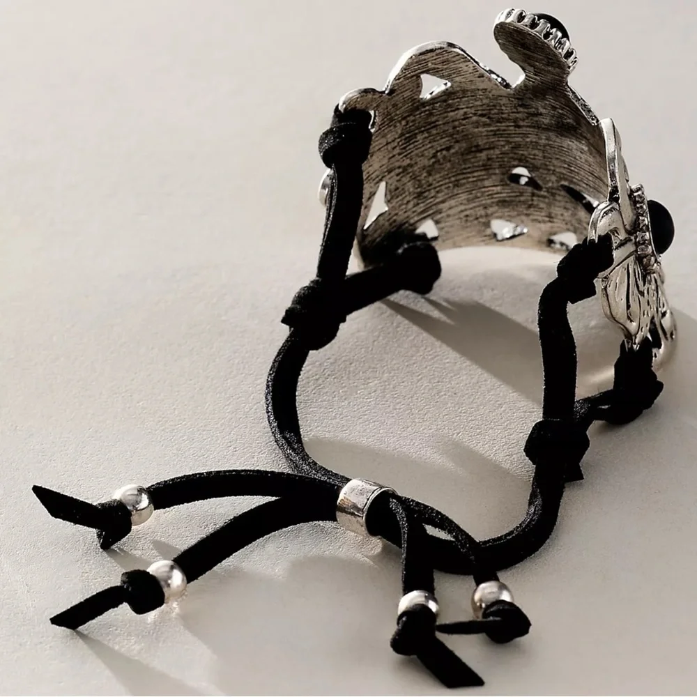 Free People Bohemian Witchy Ornate Coronation Cuff Bracelet Black Silver NWT